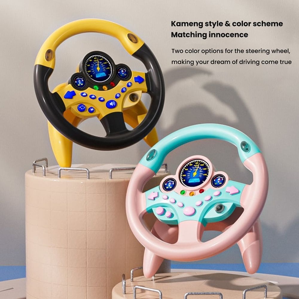 Cute children's steering wheel toy with lights, driving sounds, and educational features for babies and kids, from Everything Baby.