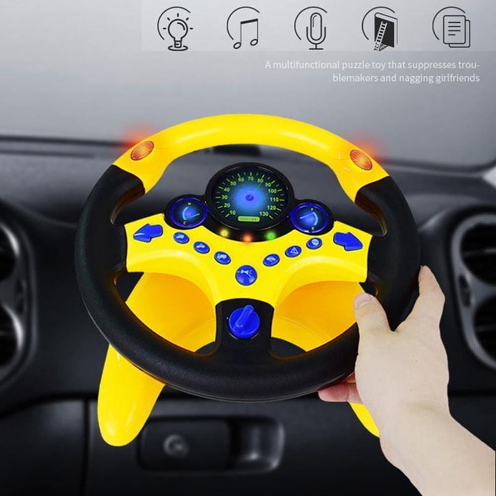 Cute children's steering wheel toy with light simulation and driving sounds, designed for baby and kids ride-on cars by Everything Baby