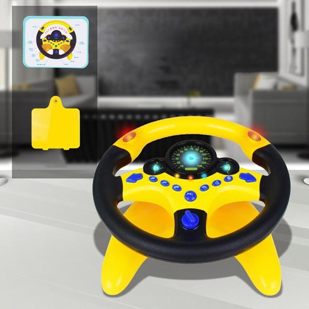 Cute children's steering wheel toy with light simulation and driving sounds, designed for kids' ride-on cars by Everything Baby.