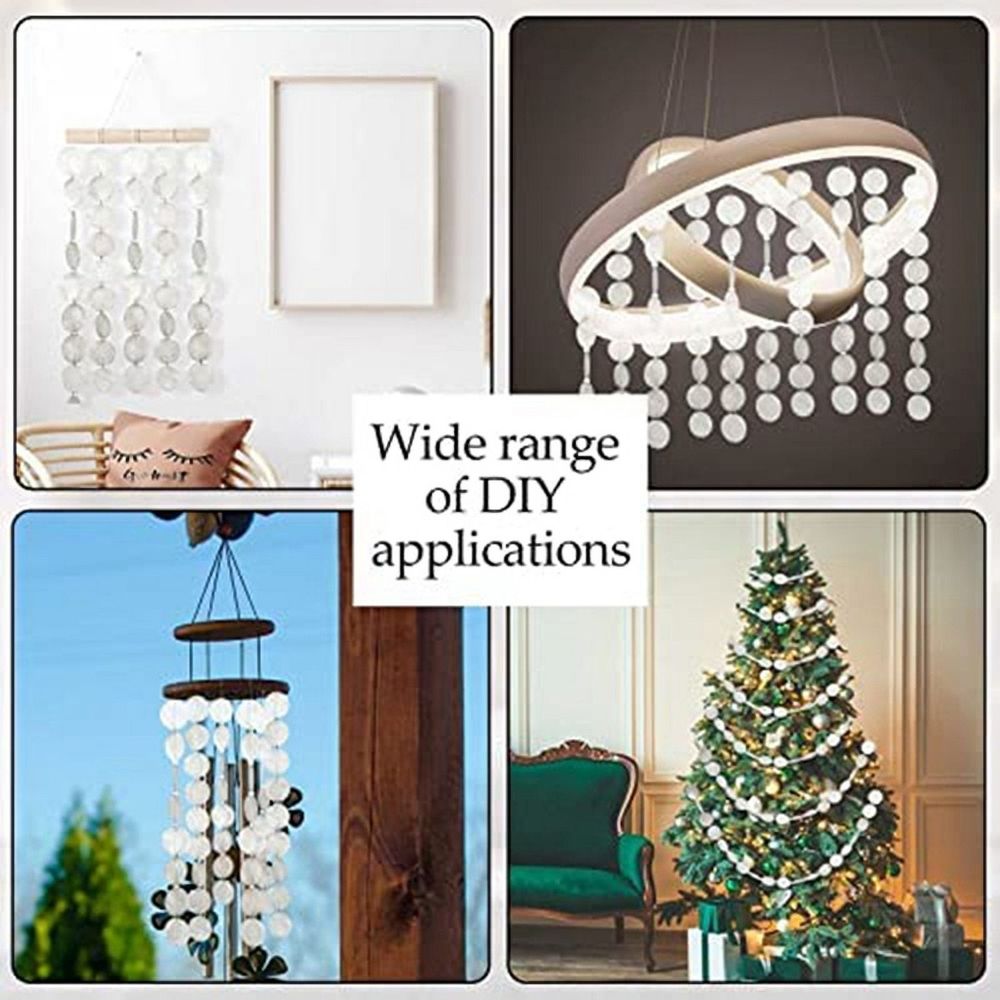 240-piece set of round white Capiz shell discs with holes, ideal for jewelry, wind chimes, and home decor crafts.