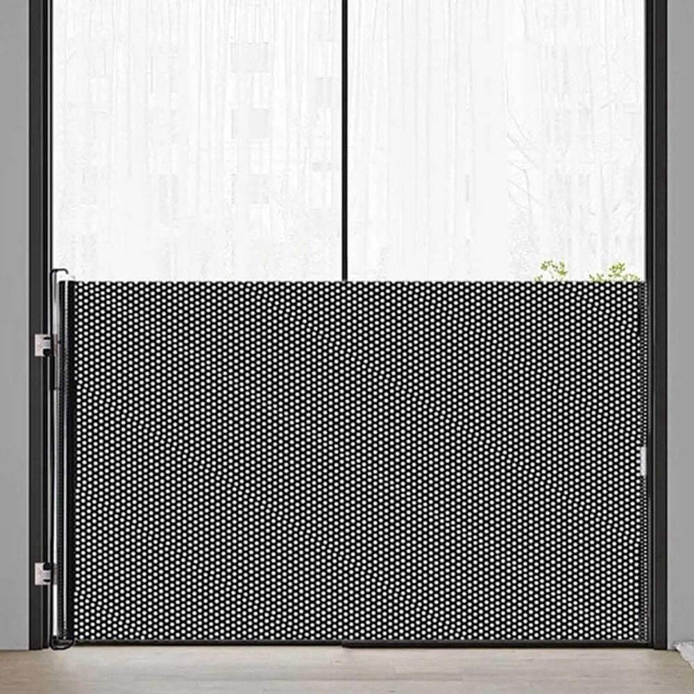 Retractable pet gate for dogs and cats, portable screen door with reinforced strip, 15.7x49.2 inches, ideal for baby and pet safety.