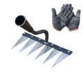 Heavy-duty garden weeding rake hoe with high carbon steel blade, shown with gardening gloves, suitable for soil loosening and digging.