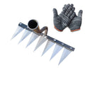 Heavy-duty garden weeding rake and hoe with high carbon steel for soil cultivation, shown with a pair of gardening gloves.