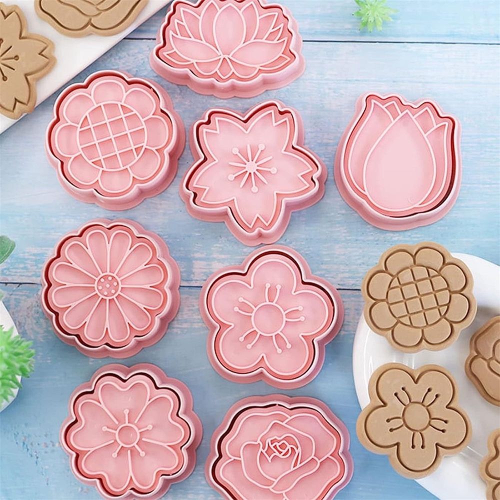 Flower-shaped 3D plastic cookie and cake molds set of 8, press type baking tools for petal cookies, cupcakes, and chocolates.