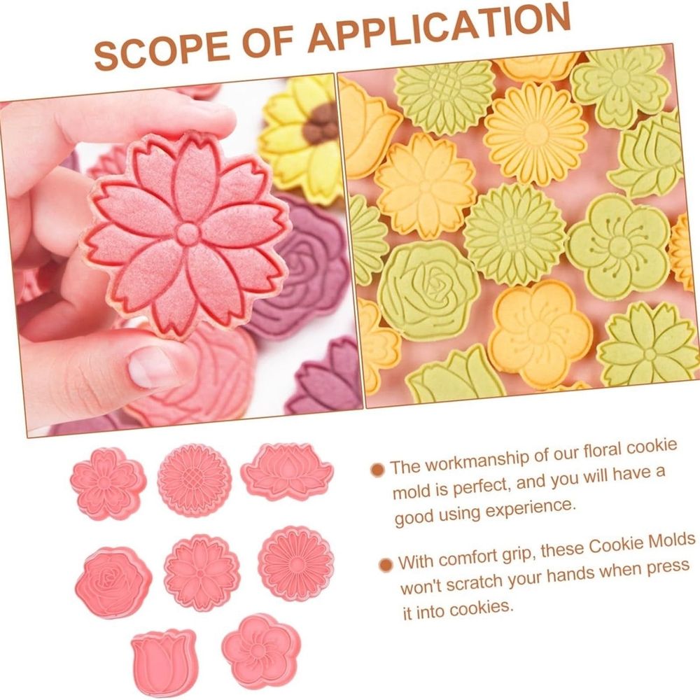 Flower-shaped 3D plastic cookie and cake molds set of 8 for baking petal cookies, cupcakes, and chocolates, reusable baking tools.