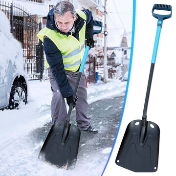 Aluminum alloy folding snow shovel with long handle, extended to 37 inches, ideal for outdoor camping and off-road car use.