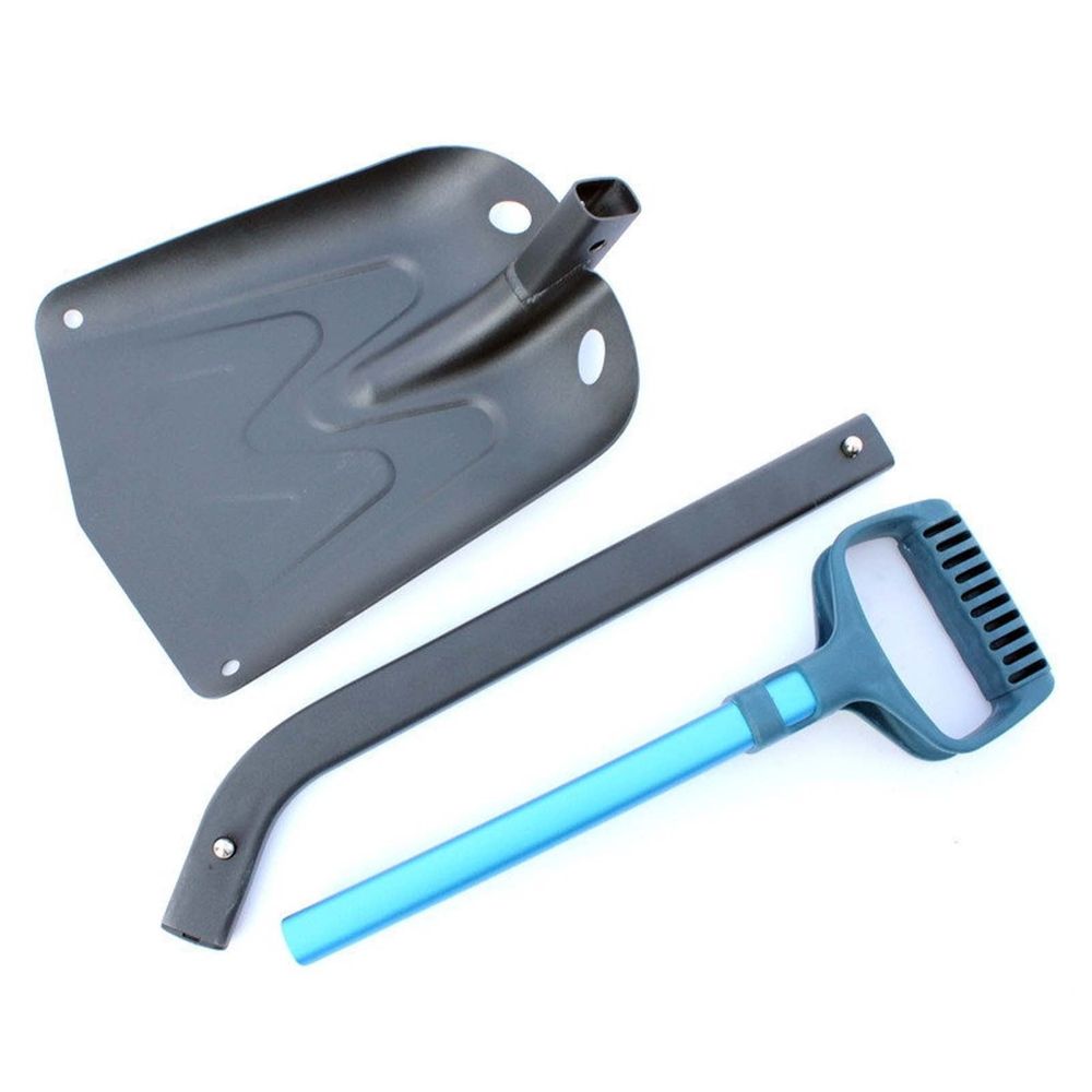 Aluminum alloy folding snow shovel with long handle, outdoor camping and off-road car trunk tool, extends to 37 inches.