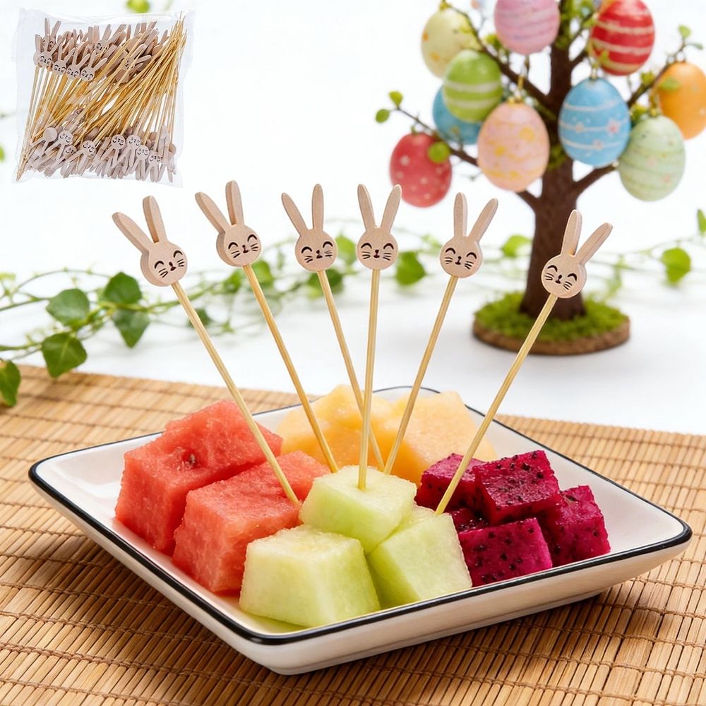 Gray rabbit-shaped wooden fruit skewers, 4.72 inches long, biodegradable eco-friendly party picks for cocktails, sandwiches, and fruit.