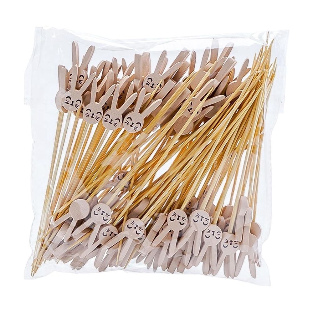 Gray rabbit-shaped disposable wooden fruit skewers, 4.72 inches long, eco-friendly party picks for cocktails, sandwiches, and fruit.