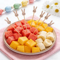 Gray rabbit-shaped disposable wooden fruit skewers, 4.72 inches long, eco-friendly party picks for cocktails, sandwiches, and fruit.