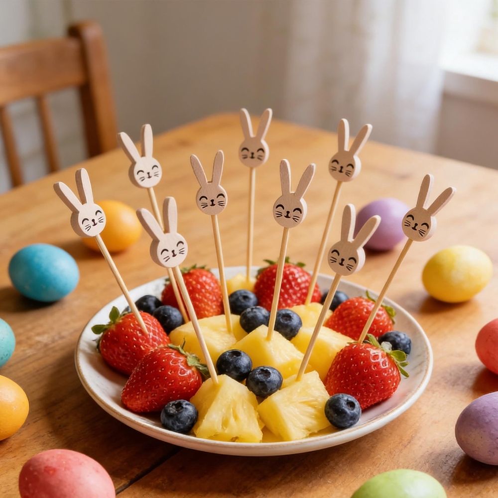 Gray rabbit-shaped wooden fruit skewers, 4.72 inches long, biodegradable eco-friendly party picks for cocktails, sandwiches, and fruit.