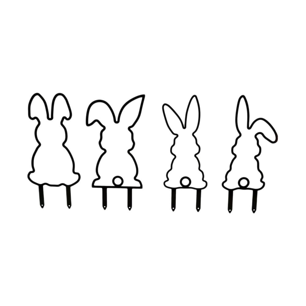 Set of four black metal Easter rabbit garden stakes, 9.84 inches tall, for outdoor yard decor and spring festival lawn ornament.