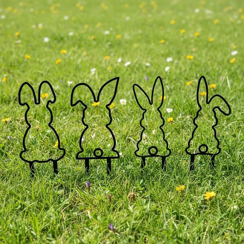 Set of four black metal Easter bunny garden stakes, 9.84 inches tall, outdoor yard decor for spring festival lawn decoration.