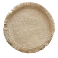 Round jute placemat with tassel fringe, natural linen material, heat-resistant, for dining table, easy to clean, perfect for bowls and dishes.
