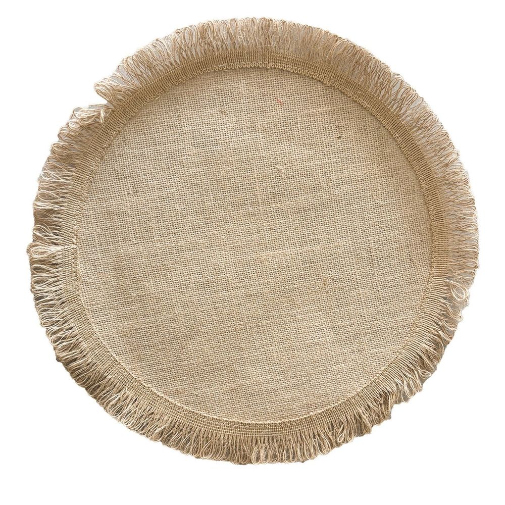 Round jute placemat with tassel fringe, natural linen material, heat-resistant, for dining table, easy to clean, perfect for bowls and dishes.