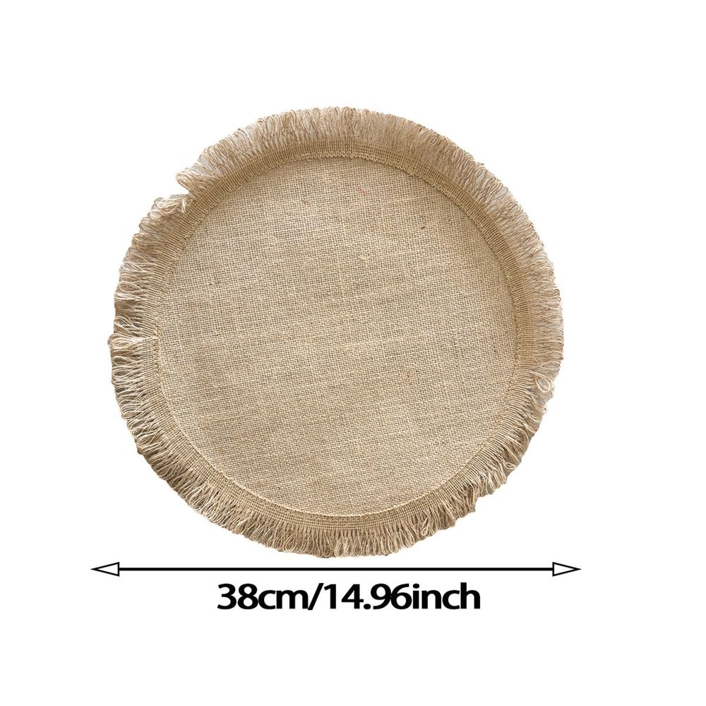Round jute placemat with tassel fringe, natural linen material, heat-resistant, ideal for dining tables, easy to clean with damp cloth.