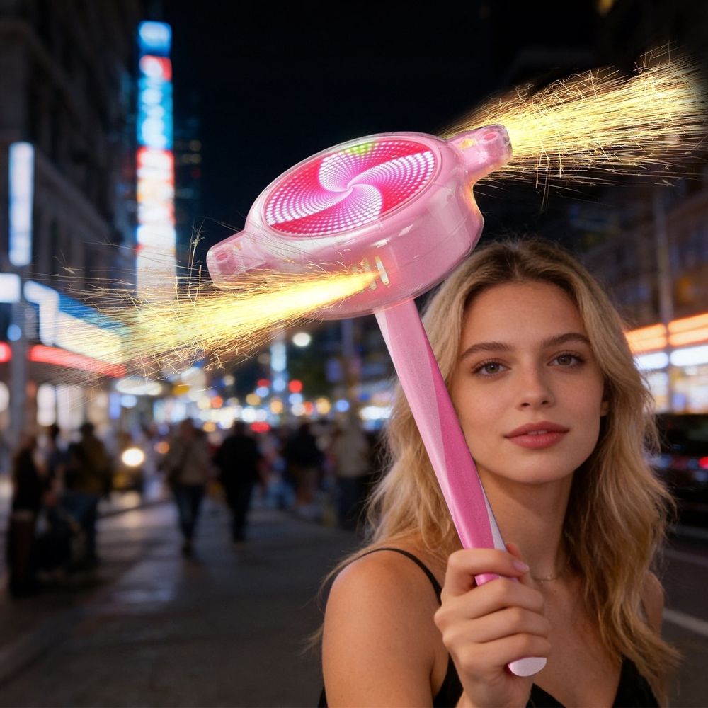 Baby and kids' automatic rechargeable LED sparkler spinner toy with rotating flameless lights for celebrations and parties.