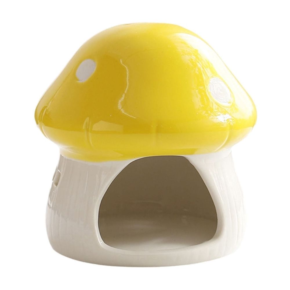 Mushroom-shaped ceramic hamster hideaway house with cozy cave design, decorative pet accessory for small animals in cage.
