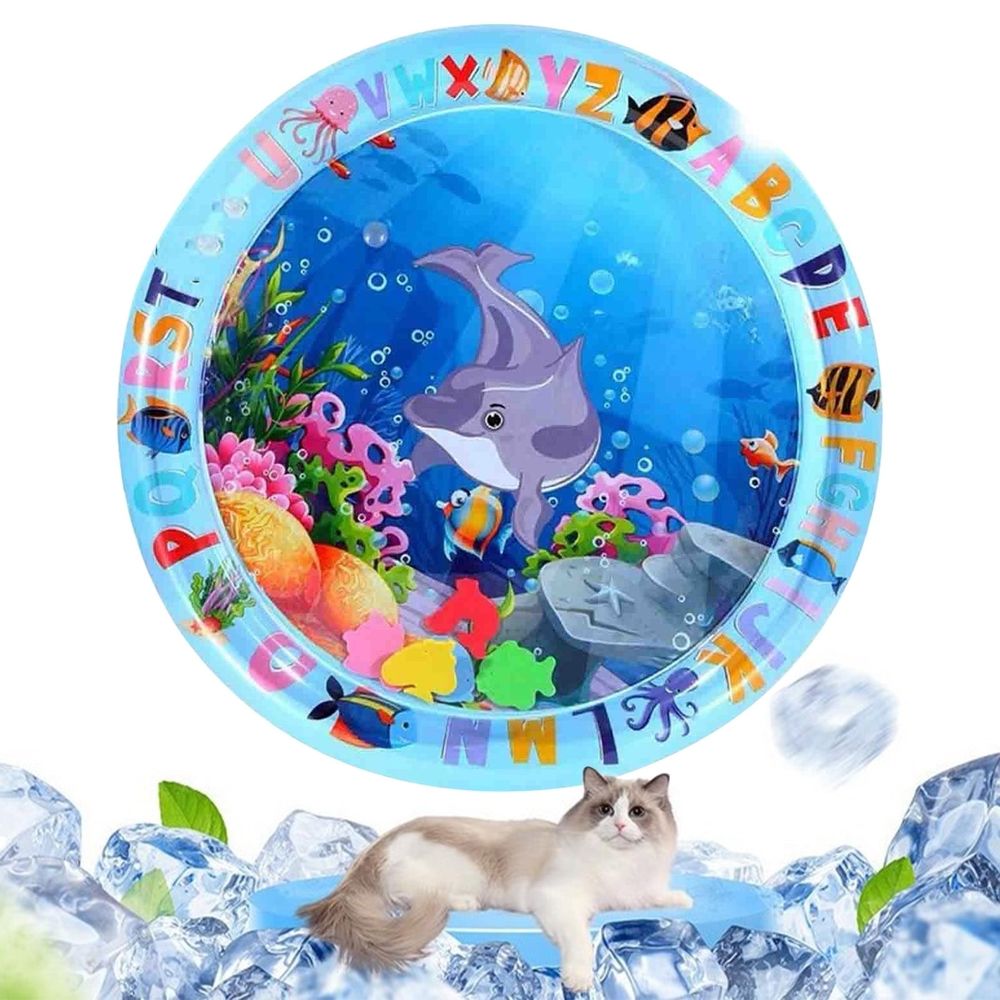 Thickened inflatable water play mat for kids with floating fish toys, designed for indoor and outdoor sensory fun and easy setup.