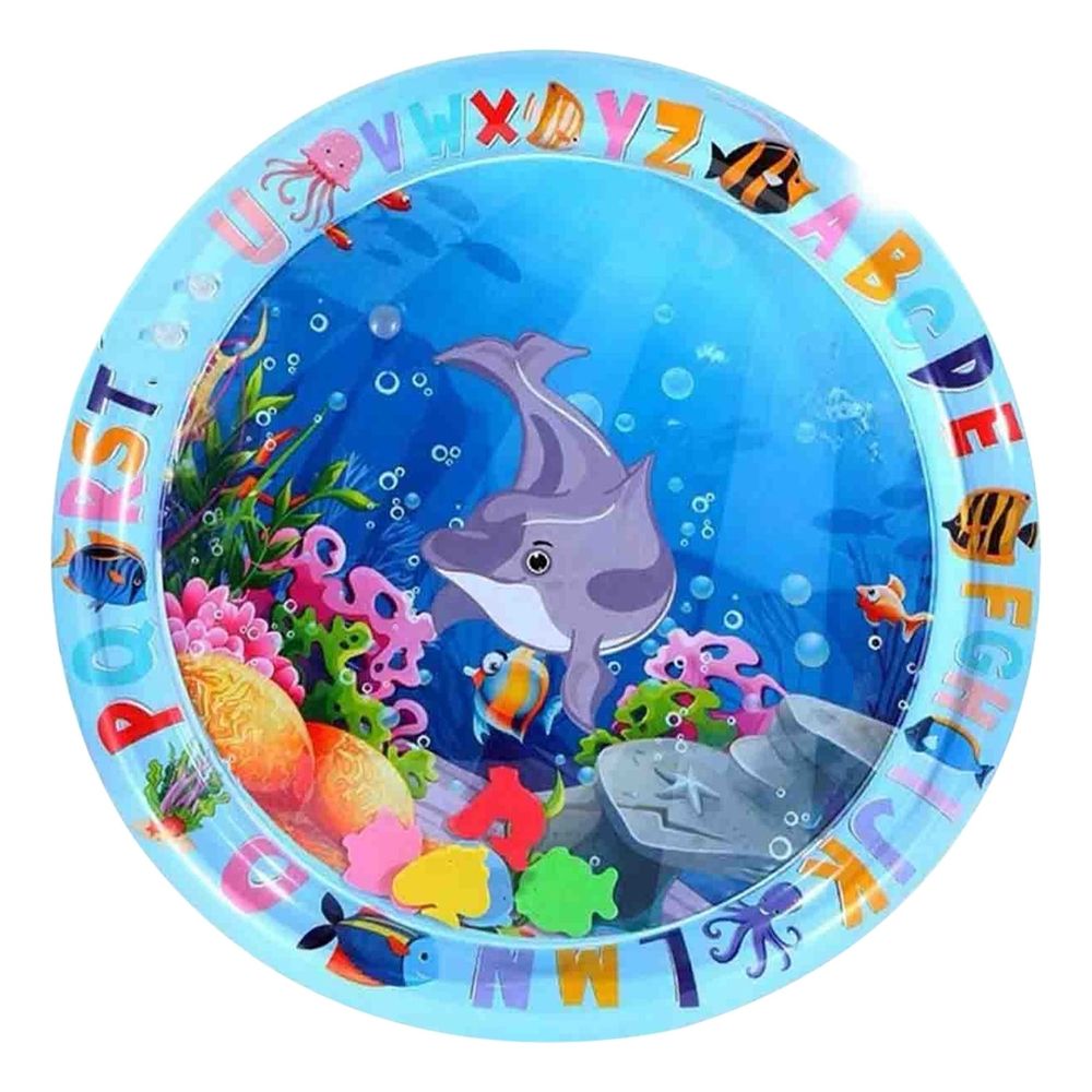 Inflatable water play mat with floating fish toys for kids and toddlers, featuring colorful sensory activity pad, 39-inch size.