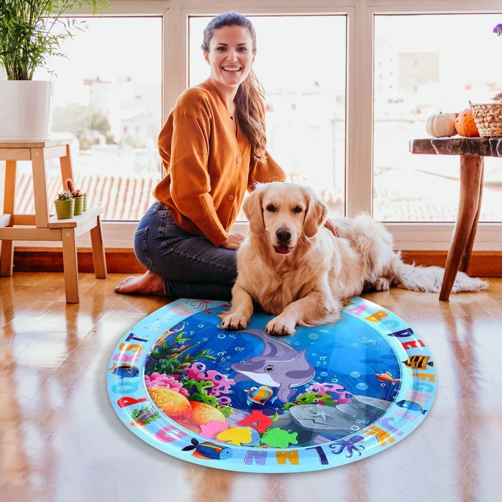 Inflatable water play mat with floating fish toys for kids, toddlers, and pets, featuring colorful sensory and interactive fun.