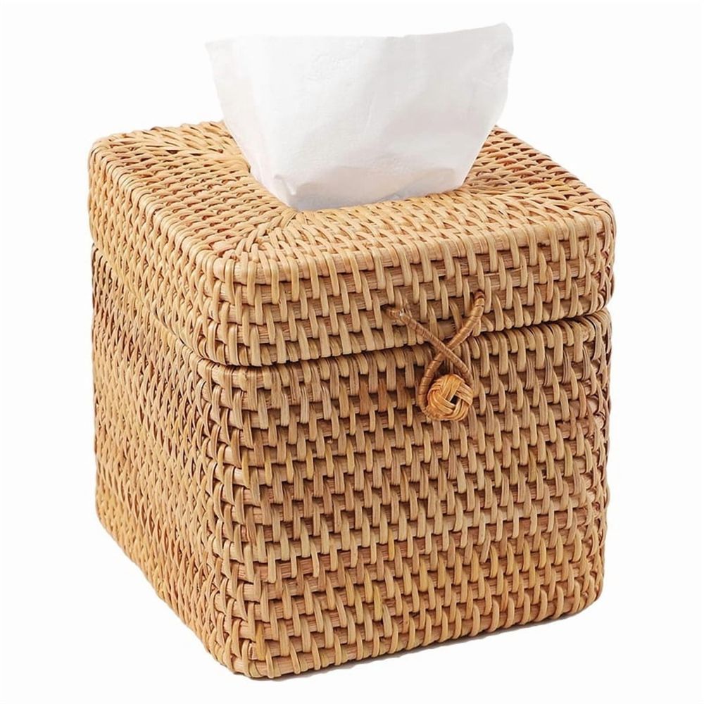 Handwoven rattan tissue box cover with hinged lid, square wicker holder suitable for toilet and home use, by Everything Baby.