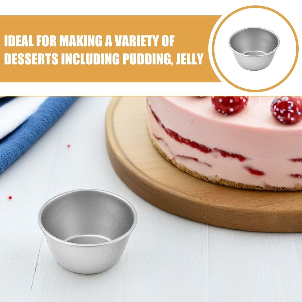 Two silver baking molds for egg tarts, muffins, and pudding, featuring easy-release design for baking and dessert preparation.