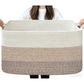 Large woven cotton rope storage basket for toys and blankets, white and grey rectangular toy box for living room or bedroom.
