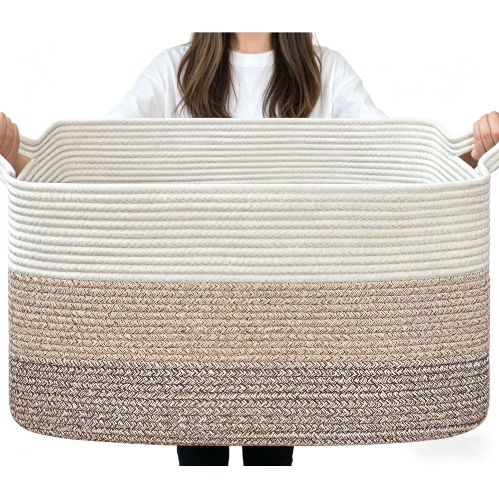 Large woven cotton rope storage basket for toys and blankets, white and grey rectangular toy box for living room or bedroom.