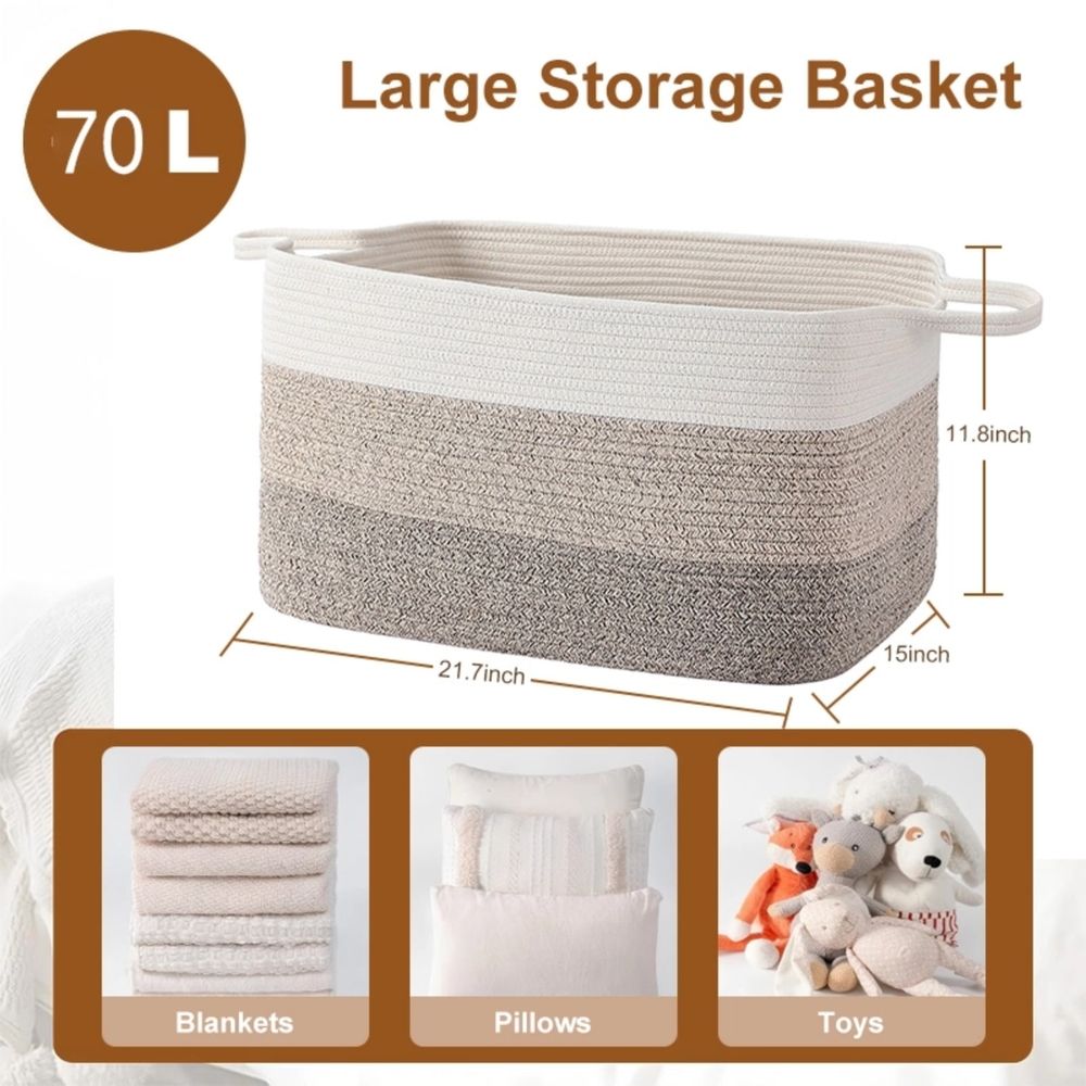 Large woven cotton rope basket for toys and storage, white and grey rectangle toy storage basket for living room or bedroom.