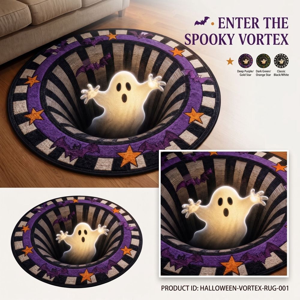 Halloween 3D vortex illusion round rug with spooky depth effect, soft non-slip surface for living room or entryway decor.