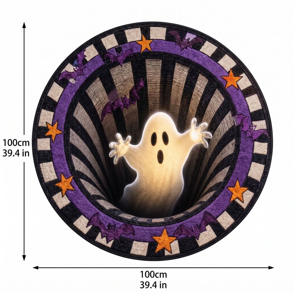 Halloween 3D vortex illusion round rug featuring spooky depth effect, soft non-slip surface, perfect for spooky living room or entryway decor