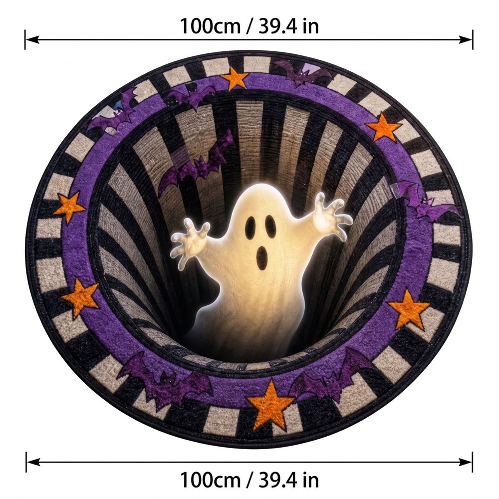 Halloween 3D vortex illusion round rug by Everything Baby, spooky optical effect floor mat for living room or entryway decor