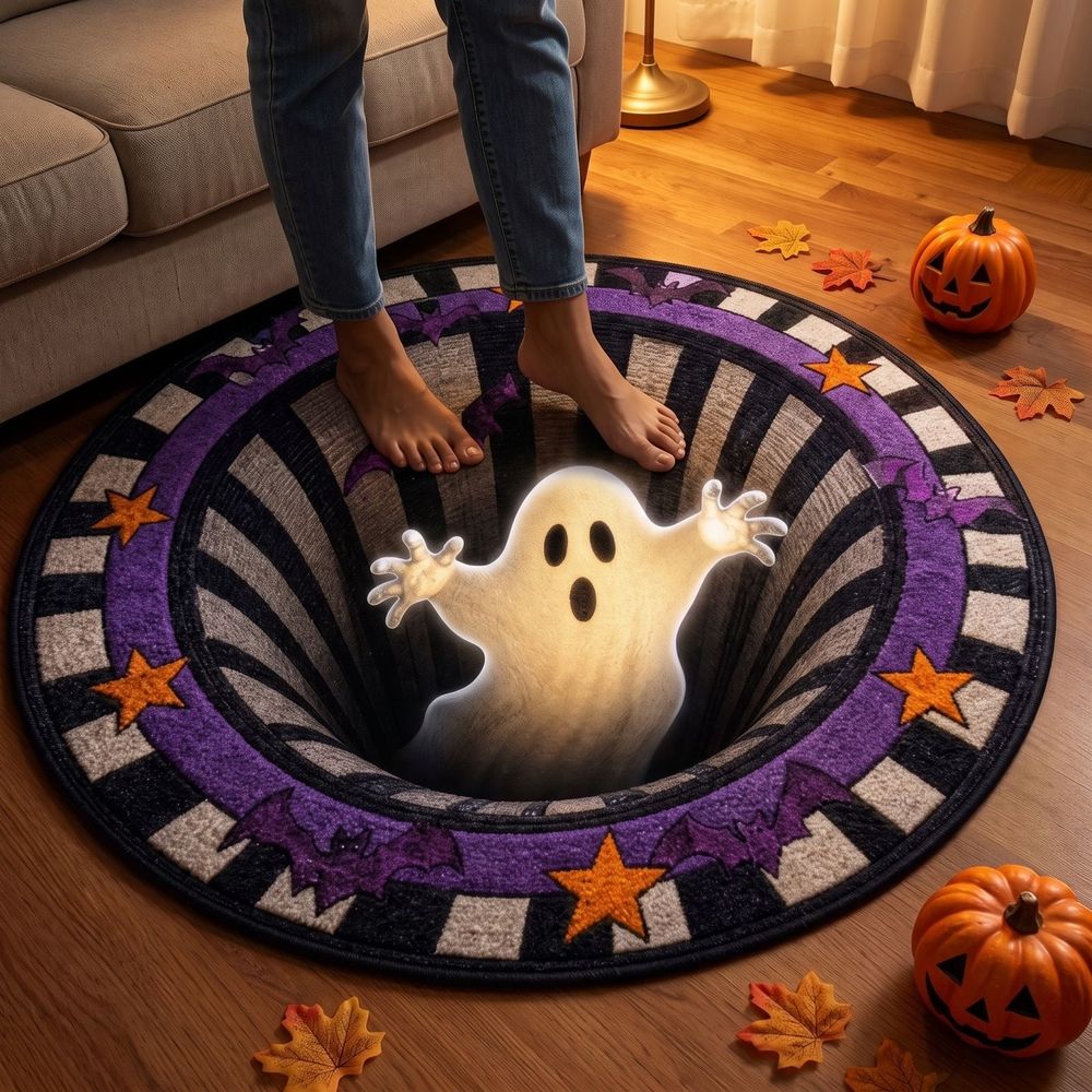 Halloween 3D vortex illusion round rug featuring spooky depth effect, soft non-slip surface, perfect for spooky living room or entryway decor.