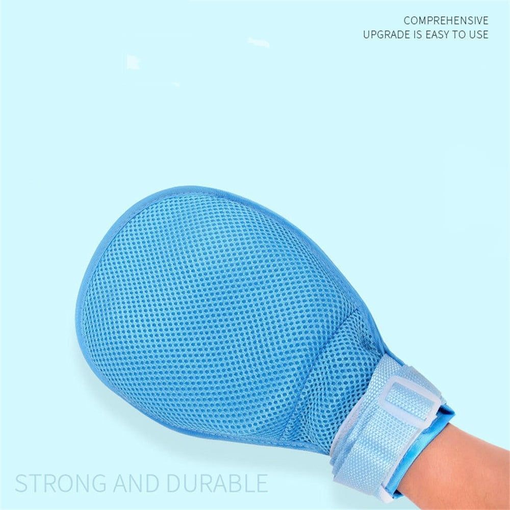 Two blue dementia hand restraint gloves for elderly patients, breathable safety mitts with anti-scratch design, by Everything Baby