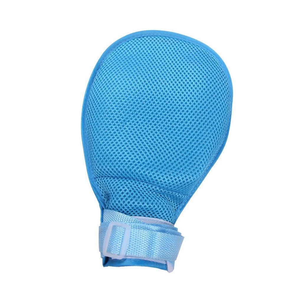 Pair of breathable blue dementia hand restraint gloves for elderly patients, safety anti-scratch mitts from Everything Baby.