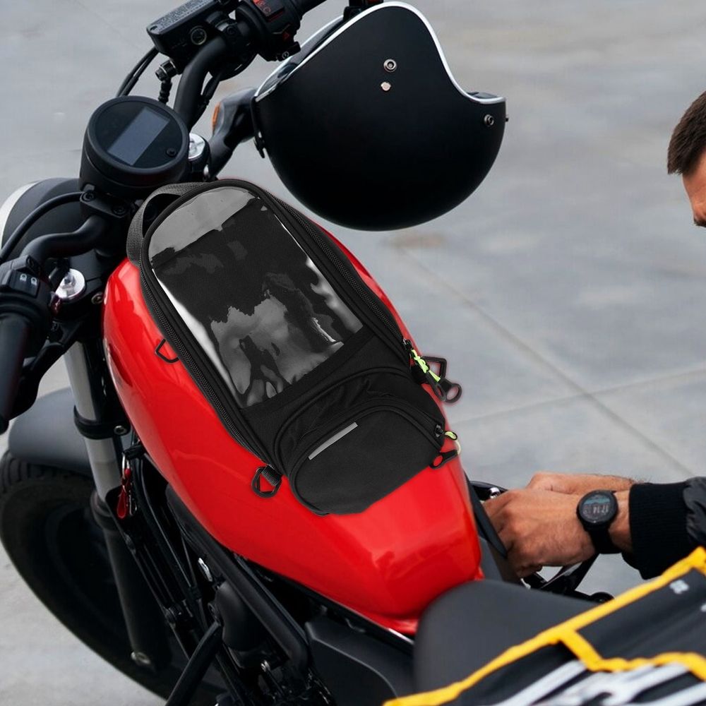 Splashproof motorcycle tank bag in black Oxford cloth, designed for bikes and scooters, suitable for ride-on cars and kids' bikes.
