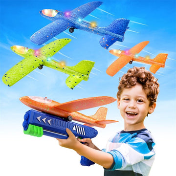 3 Pack Catapult Airplane Foam Glider Outdoor Toy for 4-12 Years Old Kids, Red Orange Blue