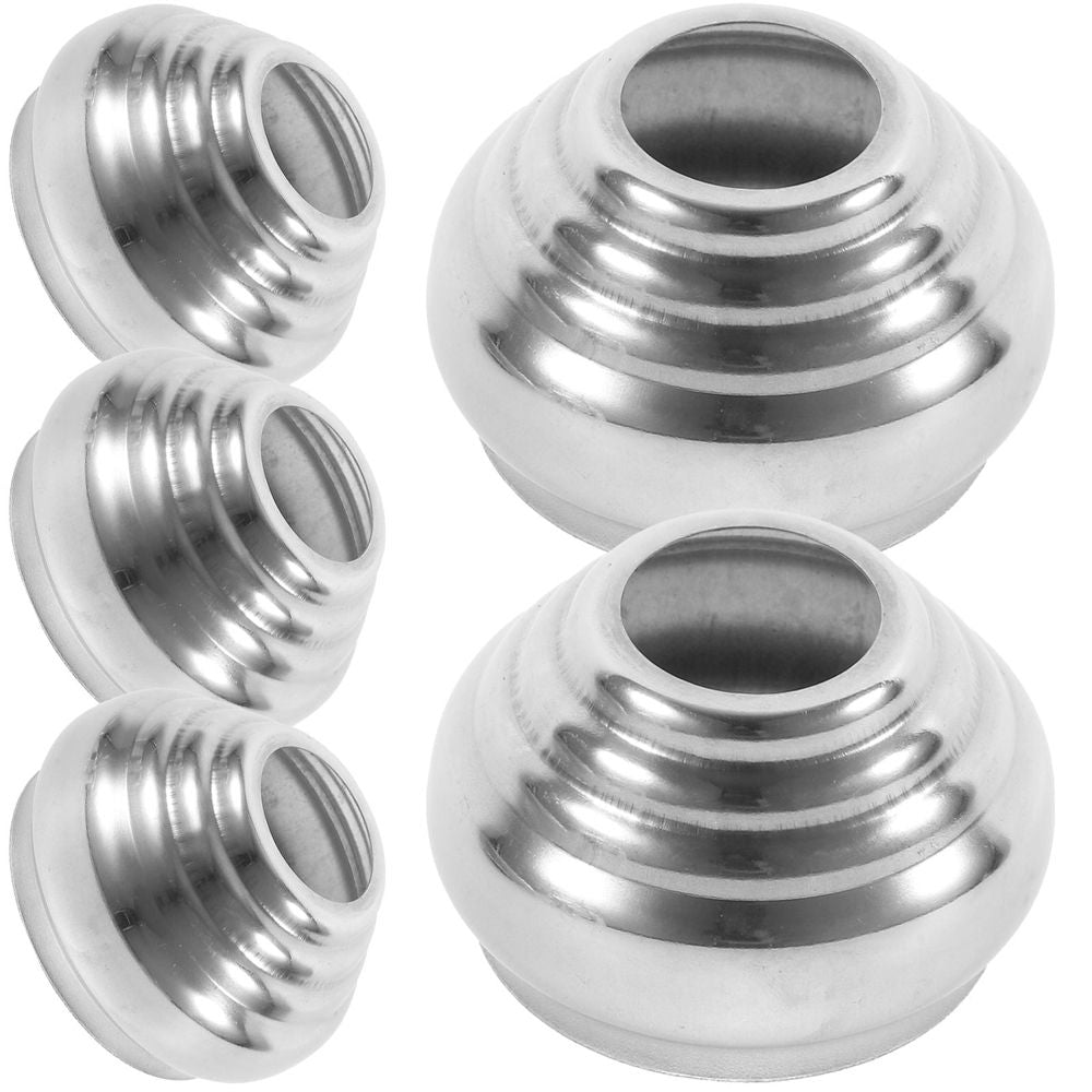 Set of five silver gazing ball globe stands for garden decor, suitable for outdoor display in home and garden settings.