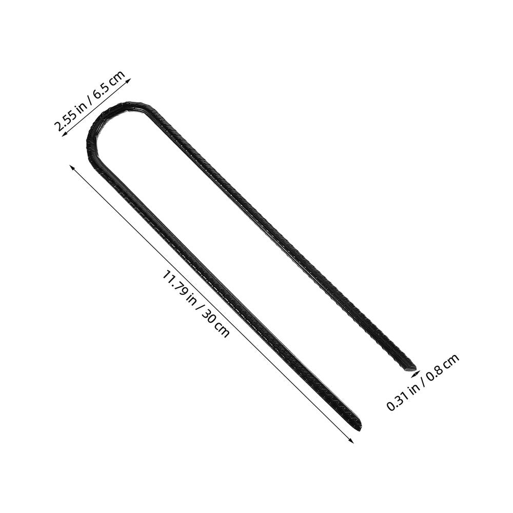 Set of four black heavy-duty steel stakes for garden use, high strength and easy to install, suitable for outdoor play equipment.