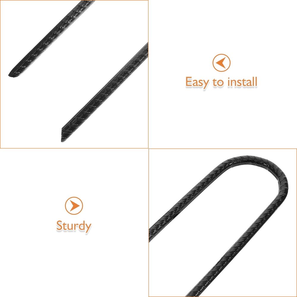 Set of four black heavy-duty steel stakes for garden, high strength, easy to install, suitable for outdoor play equipment.