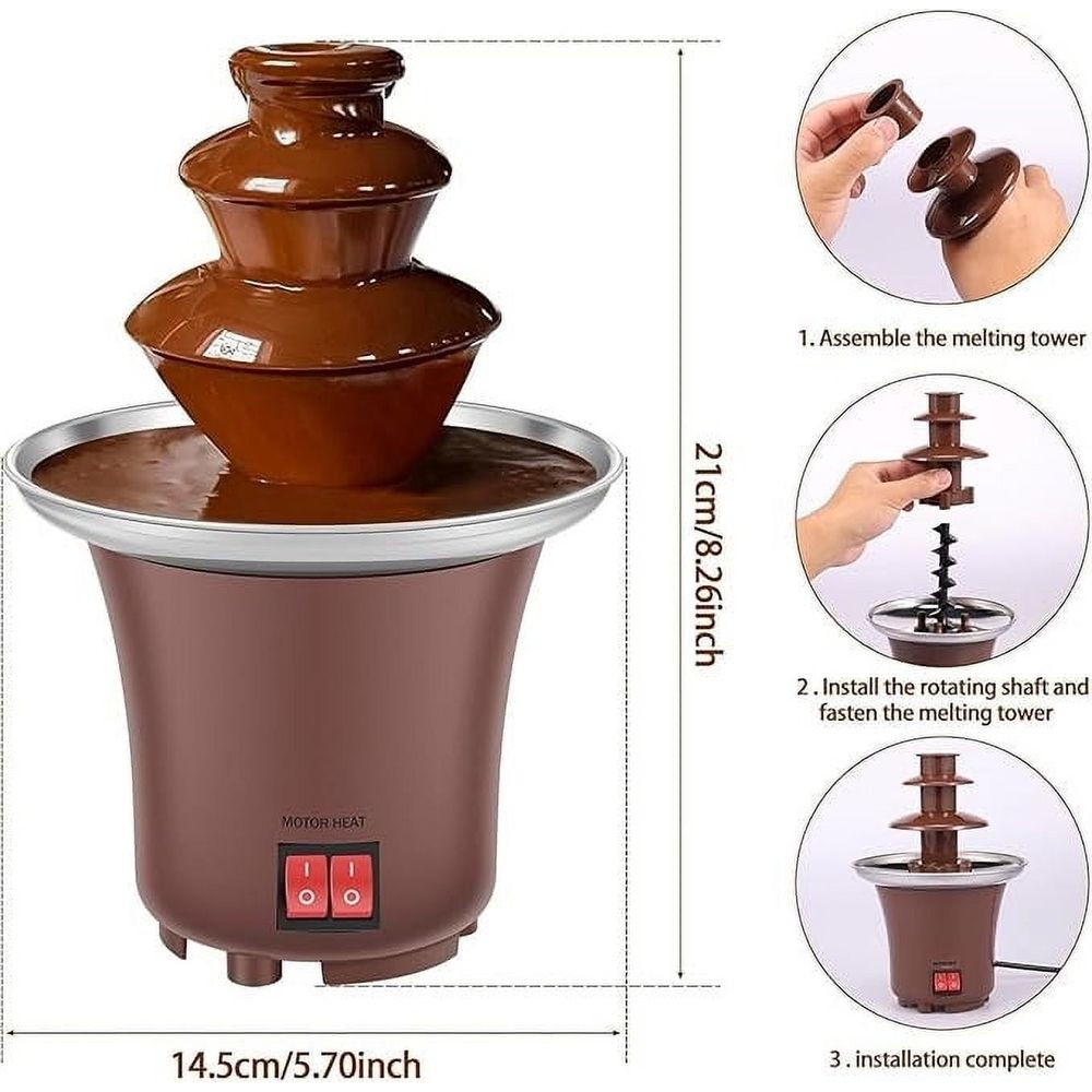 Stainless steel 3-tier chocolate fondue fountain machine with 10oz mini melting pot for chocolate, cheese, and snacks at gatherings.