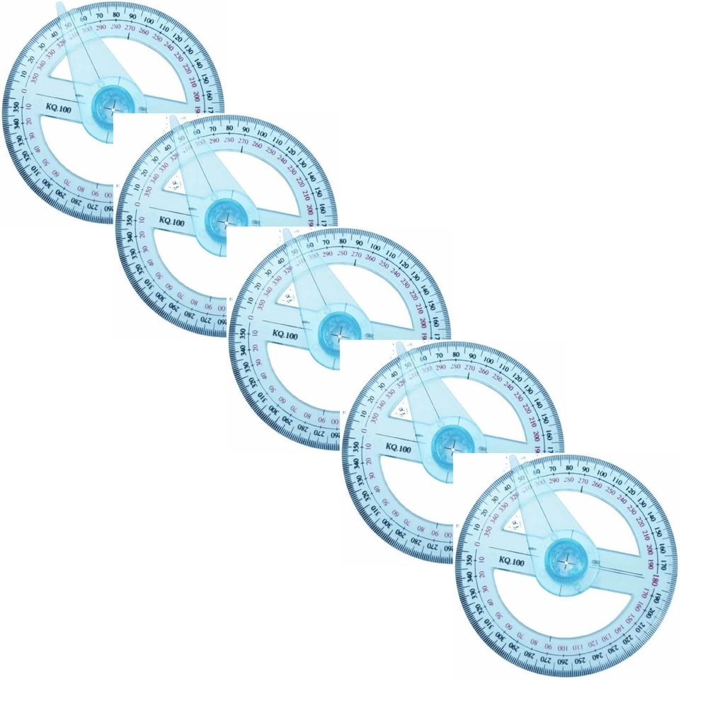 Five transparent 360-degree protractors for geometry and drafting, designed for educational art and math activities for kids.