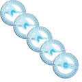 Five transparent 360-degree protractors for geometry and drafting, designed for educational art and math activities for kids.
