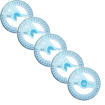 Five transparent 360-degree protractors for geometry and drafting, designed for educational art and math activities for kids.