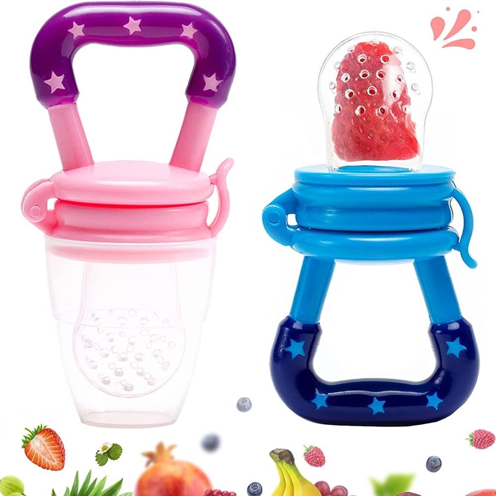 Two baby fruit feeders with silicone pouches, designed for teething and feeding toddlers, featuring soft, food-grade silicone.