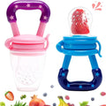 Two baby fruit feeders with silicone pouches, designed for teething and feeding toddlers, featuring soft, food-grade silicone.