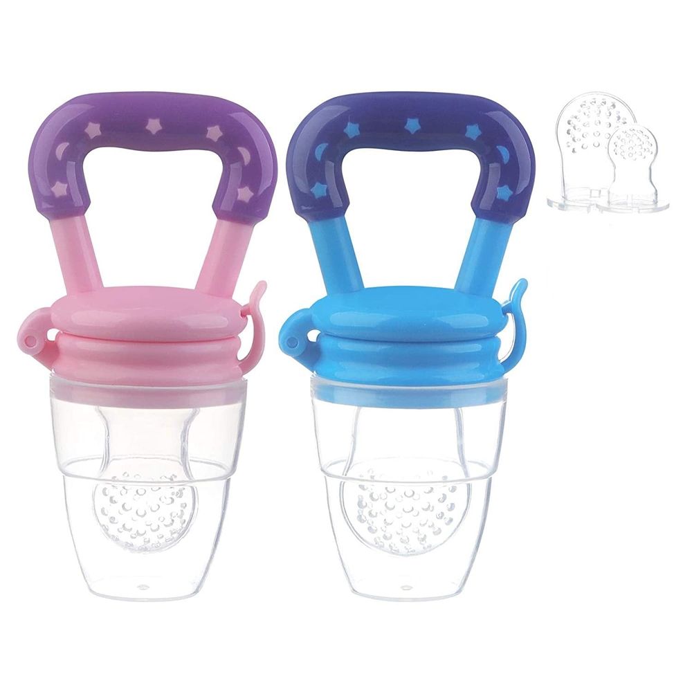 Two baby fruit feeders with silicone pouches, designed for teething and feeding, from Everything Baby for infants and toddlers.