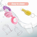Two baby fruit feeders with silicone pouches for teething and feeding, designed for infants and toddlers.