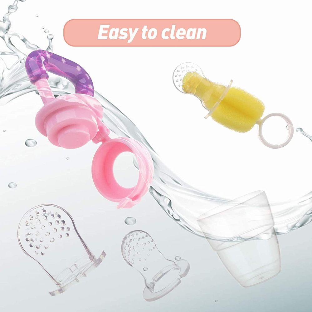 Two baby fruit feeders with silicone pouches for teething and feeding, designed for infants and toddlers.